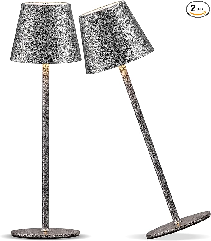Cordless Rechargeable Table Lamp Set of 2, 5000mAh Battery Powered LED Desk Lamps, 3 Color Stepless Dimming Up, Portable Table Light Lamp for Bedroom Restaurant Outdoor (Mottled Silver) - LeafyLoom