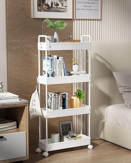 SOLEJAZZ Slim Storage Cart, 4 Tier Bathroom Organizer Mobile Shelving Unit, Rolling Utility Cart Slide Out Organizer for Kitchen, Bathroom, Laundry, Narrow Places, White - LeafyLoom