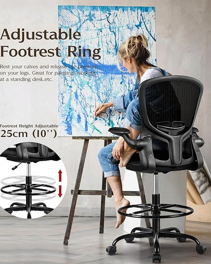 FelixKing Drafting Chair, Tall Office Chairs with Footrest Ring, Home Standing Desk High Chair with Lumbar Support Adjustable Counter Height Ergonomic Swviel Rolling Chairs for Working (Black) - LeafyLoom