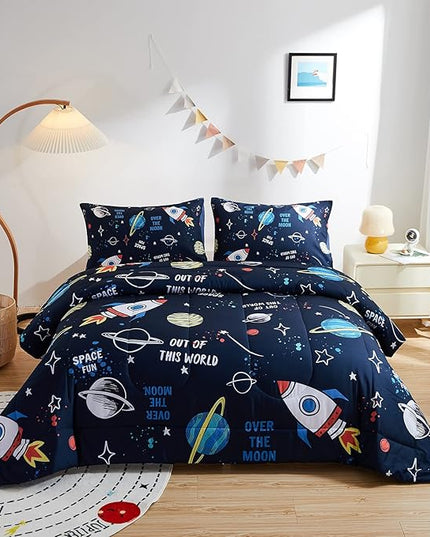 beeweed 5 Piece Kid Comforter Set Twin Size, Space Rocket Bedding Set for Teen Boys Girls - LeafyLoom