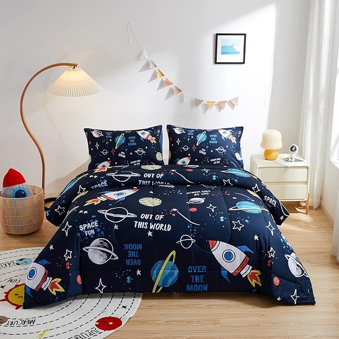 beeweed 5 Piece Kid Comforter Set Twin Size, Space Rocket Bedding Set for Teen Boys Girls - LeafyLoom