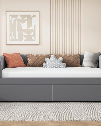 Modern Twin Size Upholstered Daybed Frame with Storage Drawers, Elegant Velvet Fabric Sofa Bed with Ergonomic Design Backrest and Armrests, No Box Spring Needed, Gray - LeafyLoom