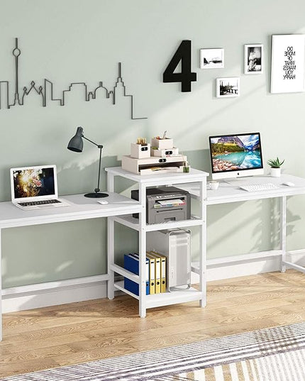 Tribesigns 96.9" Double Computer Desk with Printer Shelf, Extra Long Two Person Desk Workstation with Storage Shelves, Large Office Desk Study Writing Table for Home Office, White - LeafyLoom