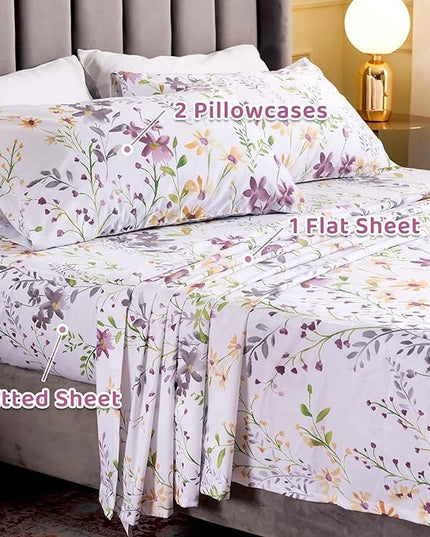 QSH Floral Queen Size Sheet Sets - Yellow Flower Botanical Pattern Egyptian Cotton Printed Bedding Sheets set Queen Size Bed Extra Breathable 4pcs Queen Sheet Set Deep Pocket 17.5" - LeafyLoom