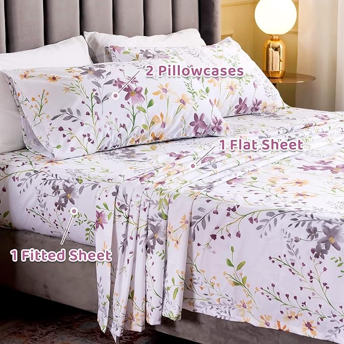 QSH Floral Full Size Bed Sheet Sets - Yellow Flower Botanical Pattern Egyptian Cotton Printed Bedding Sheets Full Size Bed Extra Soft and Breathable 4pcs Deep Pockets Bed Sheets for Full Size Bed - LeafyLoom