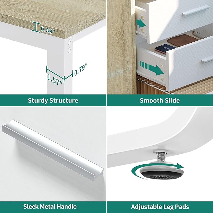 YITAHOME L Shaped Desk with Drawers, 55" Corner Computer Desk with Power Outlets, L-Shaped Desk with LED Lights & File Cabinet for Home Office, White & Oak - LeafyLoom