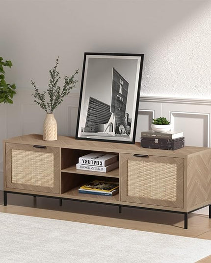 Anmytek Rattan TV Stand for 65 Inch TV Mid Century Modern Entertainment Center with Natural Rattan Door & Herringbone Texture Large TV Console Table for Living Room, Natural Oak - LeafyLoom