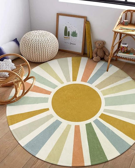 Boho Sun Round Area Rug for Living Room, 6 Ft Washable Nursery Rug for Playroom, Colorful Circle Rug for Kids Bedroom, Non-Slip Circluar Carpet Soft Large Kids Rug for Classroom Dorm Kids Room - LeafyLoom