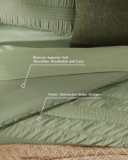 CASAAGUSTO Queen Comforter Set, 7 Pieces Olive Green Seersucker Bed in a Bag Queen Size Soft All Seasons, Bedding Sets with Comforter, Flat Sheet, Fitted Sheet, 2 Pillow Shams, 2 Pillowcases - LeafyLoom