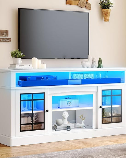 YITAHOME White TV Stand for 75/65 Inch TVs, 32'' Tall Mid Century Modern TV Cabinet with Adjustable Shelves and Glass Doors, Modern Entertainment Center TV Media Console Table for Living Room - LeafyLoom