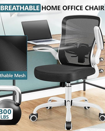 MINLOVE Office Chair Ergonomic Desk Chair with Adjustable Lumbar Support and Height, 90° Flip-up Armrests, Ergo Desk Chairs with Wheels, 360° Swivel Mesh Chair, Home Work Use (White) - LeafyLoom