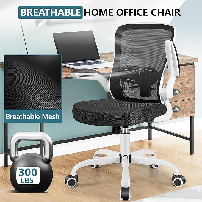 MINLOVE Office Chair Ergonomic Desk Chair with Adjustable Lumbar Support and Height, 90° Flip-up Armrests, Ergo Desk Chairs with Wheels, 360° Swivel Mesh Chair, Home Work Use (White) - LeafyLoom