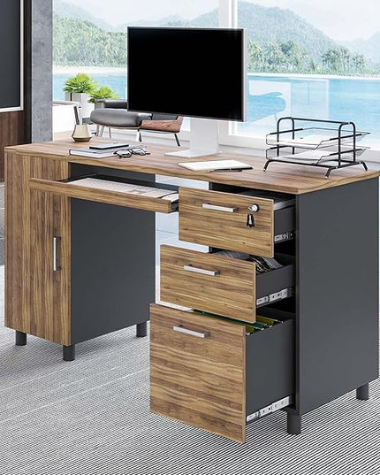 Modern Design By Crafts & comfort Venice Computer Desk - Office Desk with 3 Drawers & CPU Storage Cabinet - Laptop Workstation with Keyboard Tray & Cable Hole - Home & Office Supplies -Cass/black - LeafyLoom
