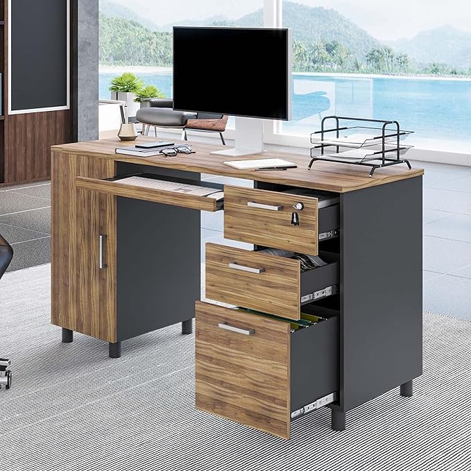 Modern Design By Crafts & comfort Venice Computer Desk - Office Desk with 3 Drawers & CPU Storage Cabinet - Laptop Workstation with Keyboard Tray & Cable Hole - Home & Office Supplies -Cass/black - LeafyLoom