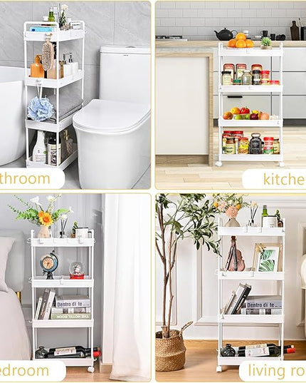 AROGAN Rolling Storage Cart with Wheels, 4 Tier Bathroom Storage Cart Laundry Room Organizer, Rolling Utility Cart for Kitchen, Bathroom, Laundry Room, Office, Narrow Place (White) - LeafyLoom