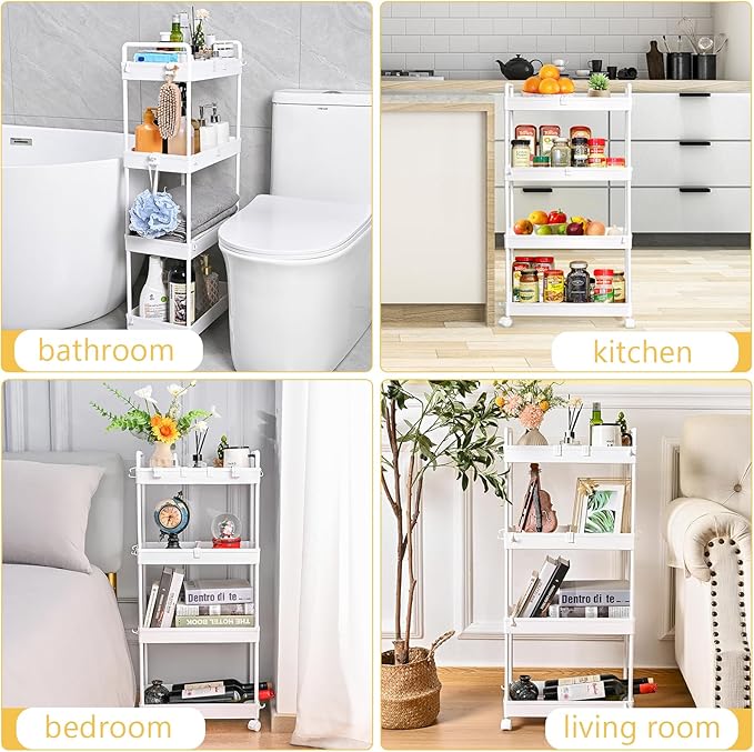 AROGAN Rolling Storage Cart with Wheels, 4 Tier Bathroom Storage Cart Laundry Room Organizer, Rolling Utility Cart for Kitchen, Bathroom, Laundry Room, Office, Narrow Place (White) - LeafyLoom
