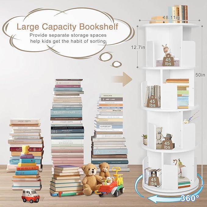 Rotating Bookshelf,Wood Corner Bookshelf 4 Tier 360 Display Spinning Bookshelf Floor Standing Bookcase Stackable Bookshelf Storage Rack Organizer for Small Space Bedroom Living Room Study Room - LeafyLoom