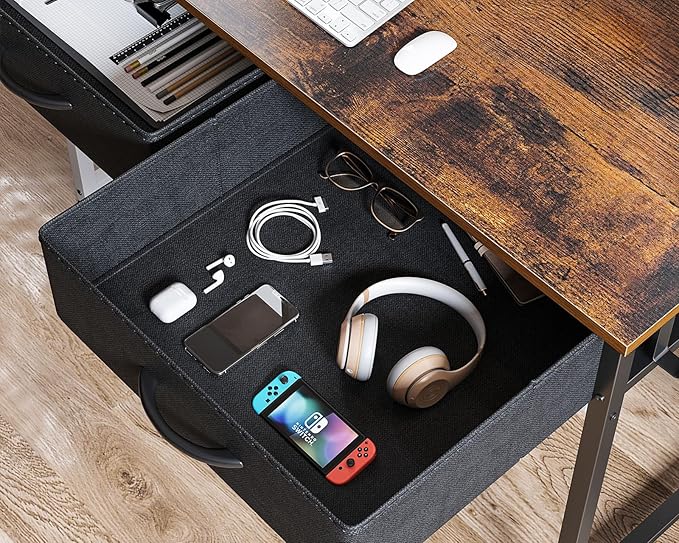 ODK 40 Inch Small Desk with Fabric Drawers- for Bedroom, Vanity Desk with Storage, Home Office Computer Desk for Small Spaces, Modern Work Writing Study Table, Vintage - LeafyLoom