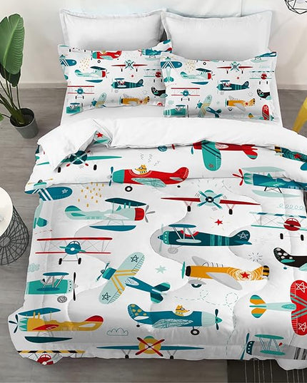 Kids Airplane Comforter Set Twin Size Colorful Cartoon propeller plane Bedding Set Kids Boys Teens Young Man Cartoon Airplanes Down Comforter Aviation Theme Duvet Bedroom Decor - LeafyLoom