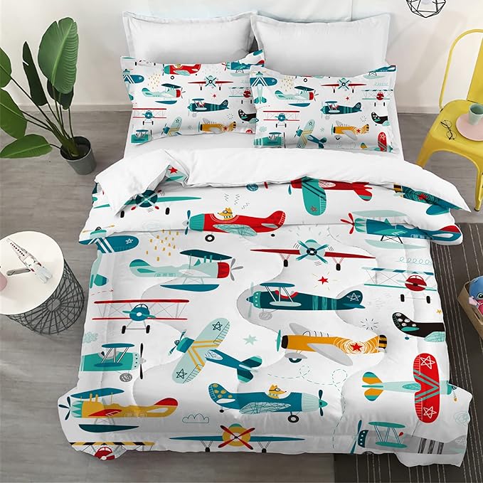 Kids Airplane Comforter Set Twin Size Colorful Cartoon propeller plane Bedding Set Kids Boys Teens Young Man Cartoon Airplanes Down Comforter Aviation Theme Duvet Bedroom Decor - LeafyLoom
