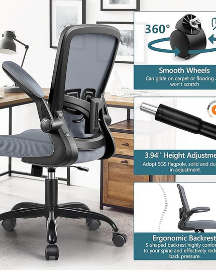 MINLOVE Office Chair Ergonomic Desk Chair with Adjustable Lumbar Support and Height, 90° Flip-up Armrests, Ergo Desk Chairs with Wheels, 360° Swivel Mesh Chair, Home Work Use (Dark Gray) - LeafyLoom