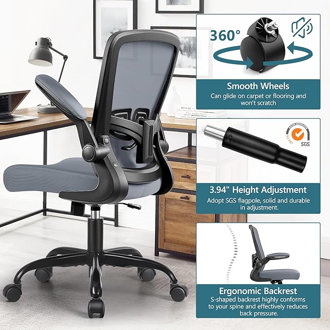 MINLOVE Office Chair Ergonomic Desk Chair with Adjustable Lumbar Support and Height, 90° Flip-up Armrests, Ergo Desk Chairs with Wheels, 360° Swivel Mesh Chair, Home Work Use (Dark Gray) - LeafyLoom