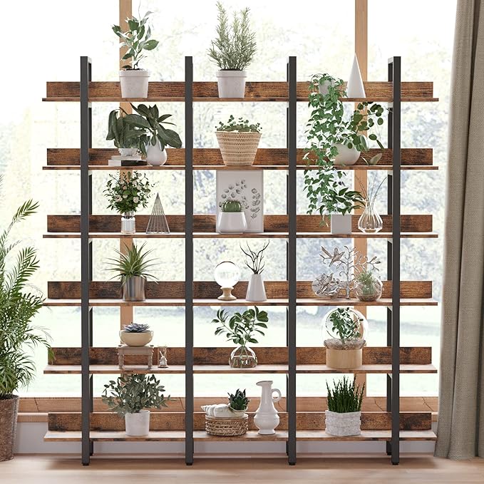 IRONCK Bookcase and Bookshelves Triple Wide 6-Tiers Large Open Shelves, Etagere Bookcases with Back Fence for Home Office Decor, Easy Assembly, Vintage Brown - LeafyLoom