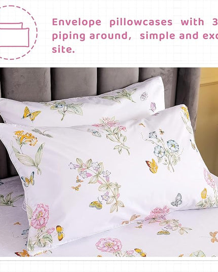 QSH Floral Queen Size Sheet Sets - Flower Butterfly Print Pattern Egyptian Cotton Printed Bedding Sheets Queen Size Bed Extra Soft and Breathable 4pcs Deep Pockets Bed Sheets - LeafyLoom