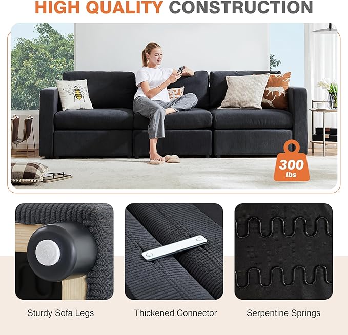 Sweetcrispy Convertible Modular Sectional Sofa, 3 Seat Sectional Couches for Living Room, Basic Shape Modern Fabric Modular Sofa Sleeper with Double Chaise for Home, Apartment, Dorm, Dark Grey - LeafyLoom