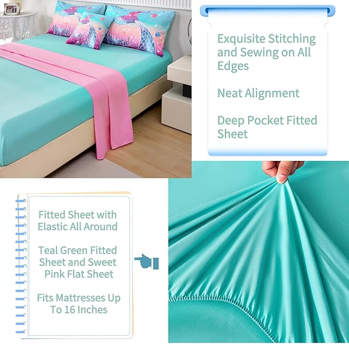 RYNGHIPY Kids Girls Comforter Set 6Pcs, Mermaid Bed in a Bag Twin Size, Fish Tail Print Teens Girls Bedding Set, Rainbow Bedding Collections - LeafyLoom