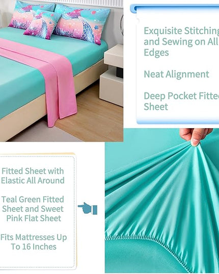 RYNGHIPY Kids Girls Comforter Set 6Pcs, Mermaid Bed in a Bag Full Size, Fish Tail Print Teens Girls Bedding Set, Rainbow Bedding Collections - LeafyLoom