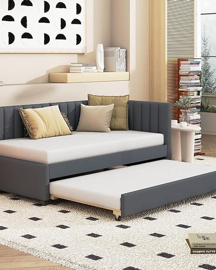 Merax Twin Size Upholstered Daybed with Trundle Wooden Sofa Bed Frame for Living, Guest, Children's Room, No Box Spring Needed, Easy Assembly, Gray - LeafyLoom