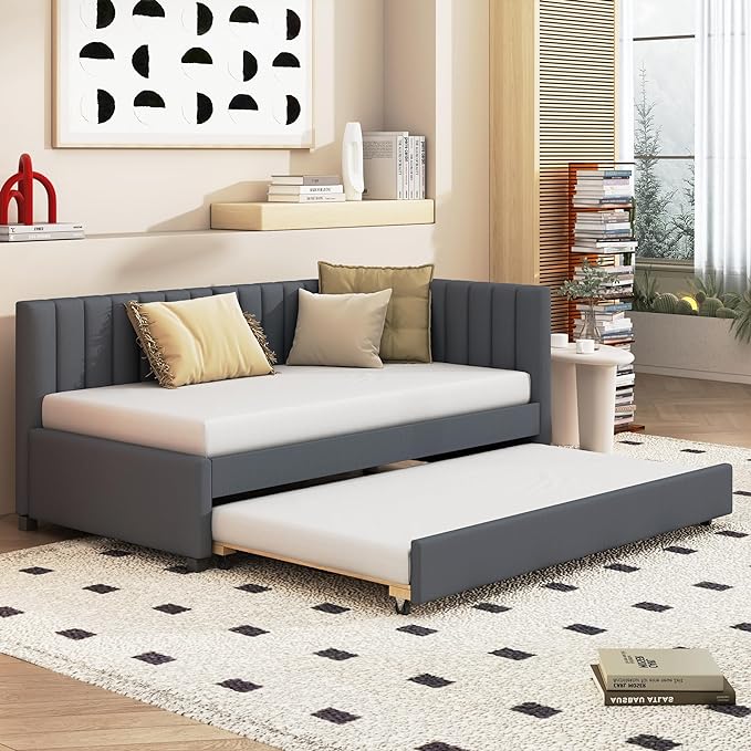Merax Twin Size Upholstered Daybed with Trundle Wooden Sofa Bed Frame for Living, Guest, Children's Room, No Box Spring Needed, Easy Assembly, Gray - LeafyLoom