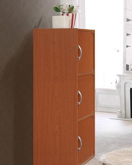 HODEDAH 3 Door Bookcase Cabinet, Cherry - LeafyLoom