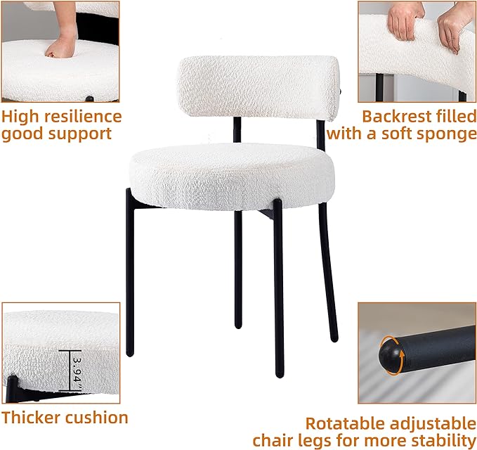 DYHOME Dining Chairs Set of 4, White Modern Upholstered Kitchen Dining Room Chairs, Boucle Dining Chairs Curved Backrest, Mid Century Kitchen Chairs with Black Metal Legs - LeafyLoom
