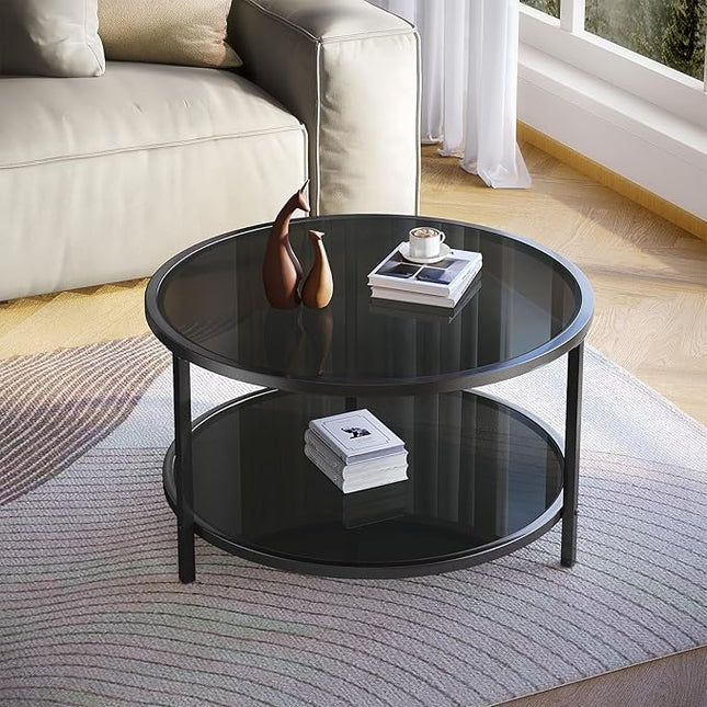 SAYGOER 27.6'' Round Coffee Table 2 Tier Black Glass Coffee Tables with Storage Shelf for Large or Small Space Modern Simple Sofa Table for Living Room Home Office, Easy Assembly… - LeafyLoom