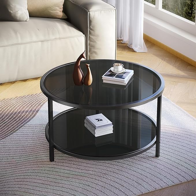 SAYGOER 27.6'' Round Coffee Table 2 Tier Black Glass Coffee Tables with Storage Shelf for Large or Small Space Modern Simple Sofa Table for Living Room Home Office, Easy Assembly… - LeafyLoom