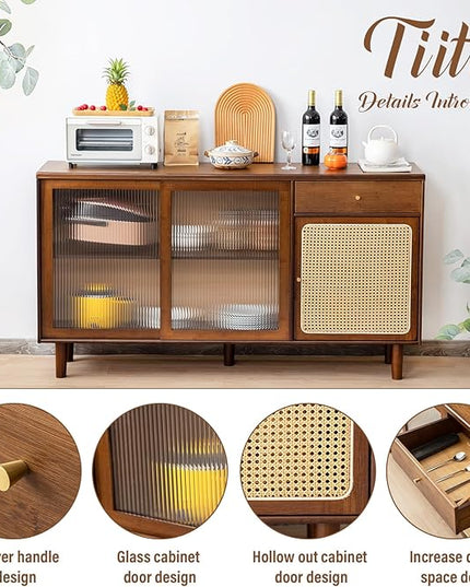 Tiita Bamboo Sideboard Buffet Cabinet, Rattan Kitchen Storage Cabinet with Drawer, Boho Coffee Bar Tables for Kitchen Living Room Hallway Office, Walnut - LeafyLoom