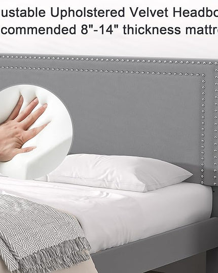 VECELO Queen Size Platform Bed Frame with Adjustable Upholstered Headboard, Modern Mattress Foundation,Strong Wood Slat Support, No Box Spring Needed, Easy Assembly - LeafyLoom
