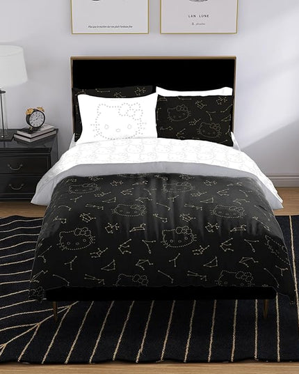 Jay Franco Hello Kitty Stars Twin Comforter Set - 5 Piece Bedding includes Sheet Set & Pillow Covers - Super Soft Zodiac Black & Gold Bedding - LeafyLoom