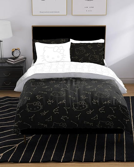 Jay Franco Hello Kitty Stars Full Comforter Set - 7 Piece Bedding includes Sheet Set & Pillow Covers - Super Soft Zodiac Black & Gold Bedding - LeafyLoom
