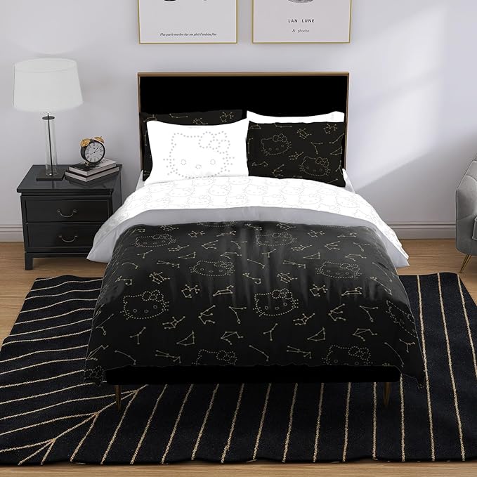Jay Franco Hello Kitty Stars Full Comforter Set - 7 Piece Bedding includes Sheet Set & Pillow Covers - Super Soft Zodiac Black & Gold Bedding - LeafyLoom