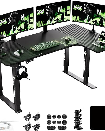 X-WIN 63 Inches L-Shaped Electric Standing Desk, Dual Motor Height Adjustable Stand Up Corner Desk, Sit to Stand Workstation with Locking Wheels, Carbon Fiber Top - LeafyLoom