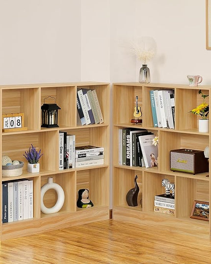LEYAOYAO 8 Cube Bookshelf with Base,3 Tier Mid-Century Modern Natural Bookcase,Standing Wide Bookshelves Storage Organizer Shelf,Rustic Wood Display Cabinet Book Shelves for Bedroom,Living Room,Office - LeafyLoom