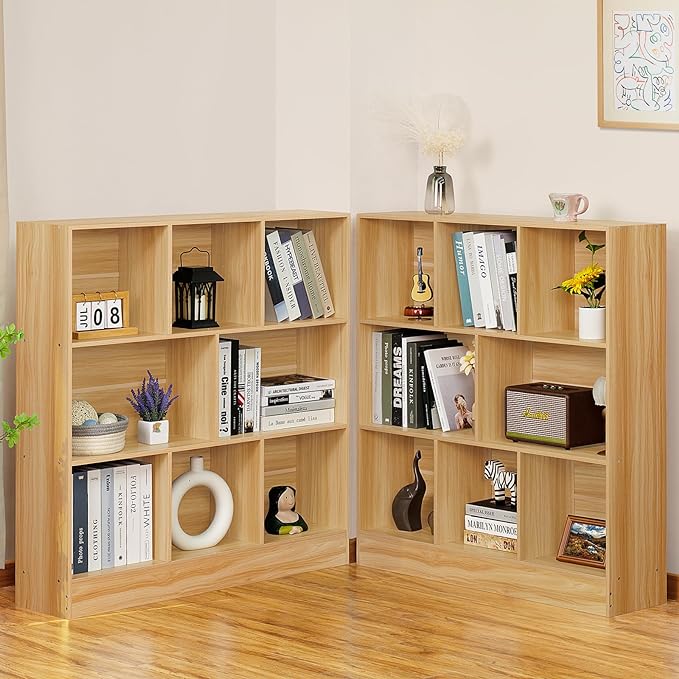 LEYAOYAO 8 Cube Bookshelf with Base,3 Tier Mid-Century Modern Natural Bookcase,Standing Wide Bookshelves Storage Organizer Shelf,Rustic Wood Display Cabinet Book Shelves for Bedroom,Living Room,Office - LeafyLoom