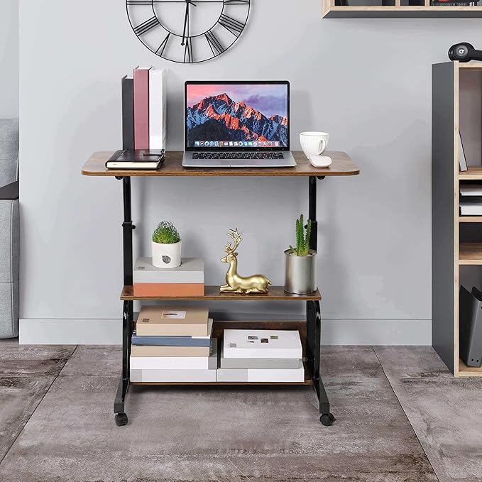 Adjustable Height Mobile Computer Desk for Small Space Rolling Writing with Wheels Corner Home Office Study Portable Bedrooms Work Storage Size 31.5x15.7 Inch Oak, (A-1) - LeafyLoom