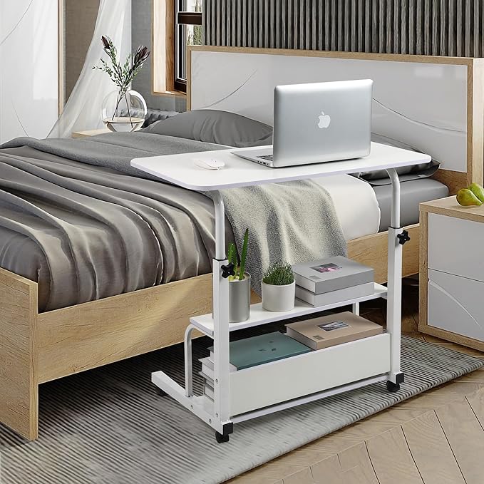 Height Adjustable Home Office Desk Movable Convenient Desk Small Spaces Computer Table Bedside Storage Desk Portable Desk Living Room Sofa Furniture Fashion Desk Size 15.7 * 31.5 Inch Pure White - LeafyLoom