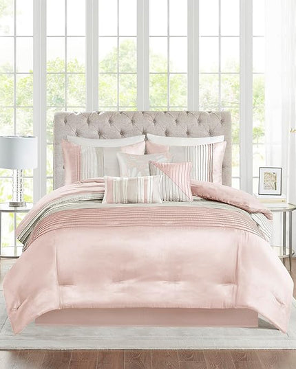 Madison Park Amherst Faux Silk Comforter Set-Casual Contemporary Design All Season Down Alternative Bedding, Matching Shams, Bedskirt, Decorative Pillows, Queen (90 in x 90 in), Blush/Taupe 7 Piece - LeafyLoom