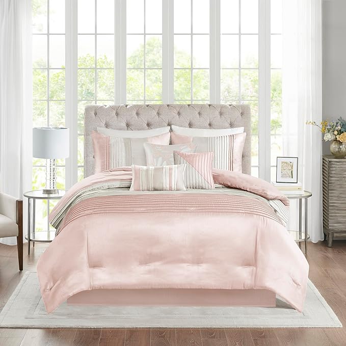 Madison Park Amherst Faux Silk Comforter Set-Casual Contemporary Design All Season Down Alternative Bedding, Matching Shams, Bedskirt, Decorative Pillows, Queen (90 in x 90 in), Blush/Taupe 7 Piece - LeafyLoom