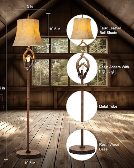 Rustic Farmhouse Antlers Floor Lamp with Night Light Faux leather Bell Shade Brown Finish Tall Industrial Tall Standing Lamp Decor for Living Room Bedroom Hotel Office (LED Bulb Included) - LeafyLoom